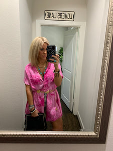 NEON FLAMINGO TIE DYED FRAYED OXFORD TUNIC  | (LARGE ONLY)