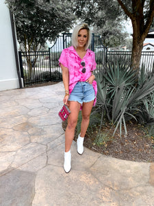 NEON FLAMINGO TIE DYED FRAYED OXFORD TUNIC  | (LARGE ONLY)