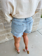 Load image into Gallery viewer, PERFECT HIGHWAISTED DENIM DISTRESSED SHORTS- LIGHTWASH