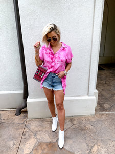 NEON FLAMINGO TIE DYED FRAYED OXFORD TUNIC  | (LARGE ONLY)